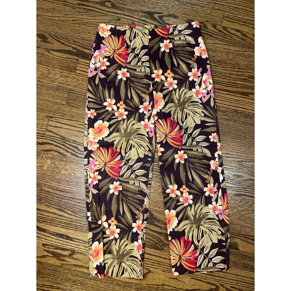 Alanni cotton blend brown floral print capri pants with side zipper